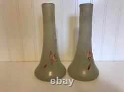 Antique Likely French Art Glass Pair of Vases Painted Enamel Flowers Decoration