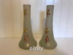 Antique Likely French Art Glass Pair of Vases Painted Enamel Flowers Decoration