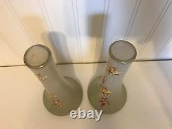 Antique Likely French Art Glass Pair of Vases Painted Enamel Flowers Decoration