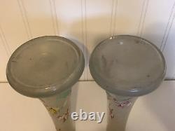Antique Likely French Art Glass Pair of Vases Painted Enamel Flowers Decoration