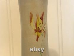 Antique Likely French Art Glass Pair of Vases Painted Enamel Flowers Decoration