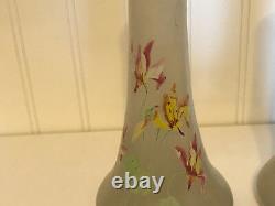 Antique Likely French Art Glass Pair of Vases Painted Enamel Flowers Decoration