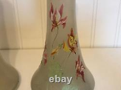 Antique Likely French Art Glass Pair of Vases Painted Enamel Flowers Decoration