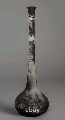 Antique Loetz Richard Cameo Black Glass Tall Vase Village Lake Trees Scene 17
