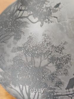 Antique Loetz Richard Cameo Black Glass Tall Vase Village Lake Trees Scene 17