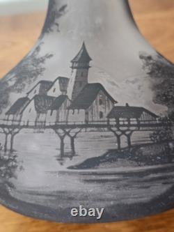 Antique Loetz Richard Cameo Black Glass Tall Vase Village Lake Trees Scene 17