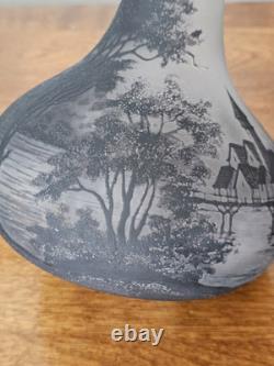 Antique Loetz Richard Cameo Black Glass Tall Vase Village Lake Trees Scene 17