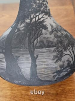 Antique Loetz Richard Cameo Black Glass Tall Vase Village Lake Trees Scene 17