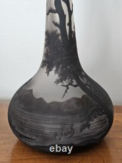 Antique Loetz Richard Cameo Black Glass Tall Vase Village Lake Trees Scene 17
