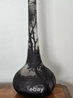 Antique Loetz Richard Cameo Black Glass Tall Vase Village Lake Trees Scene 17