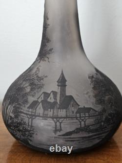 Antique Loetz Richard Cameo Black Glass Tall Vase Village Lake Trees Scene 17