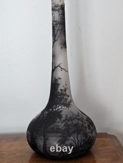 Antique Loetz Richard Cameo Black Glass Tall Vase Village Lake Trees Scene 17