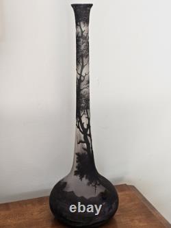 Antique Loetz Richard Cameo Black Glass Tall Vase Village Lake Trees Scene 17