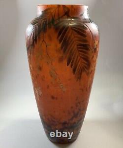 Antique Lorrain French Art Glass Vase Large Willow Tree Flower Mottled Design