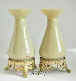 Antique Miniature French Painted Opaline Glass Pair Of Victorian Ormolu Vases