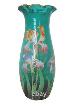 Antique Mont Joye Enamel Iris Floral Turquoise French Cameo Art Glass Vase 12