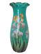 Antique Mont Joye Enamel Iris Floral Turquoise French Cameo Art Glass Vase 12