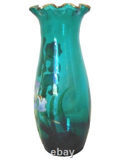 Antique Mont Joye Enamel Iris Floral Turquoise French Cameo Art Glass Vase 12