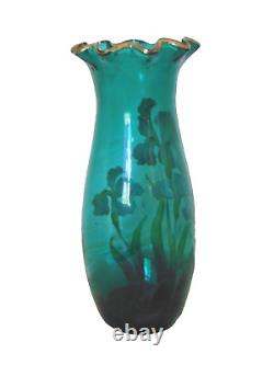 Antique Mont Joye Enamel Iris Floral Turquoise French Cameo Art Glass Vase 12
