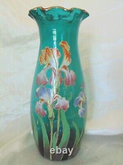 Antique Mont Joye Enamel Iris Floral Turquoise French Cameo Glass Tall Vase 12