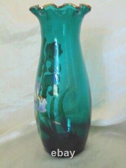 Antique Mont Joye Enamel Iris Floral Turquoise French Cameo Glass Tall Vase 12