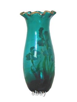 Antique Mont Joye Enamel Iris Floral Turquoise French Cameo Glass Tall Vase 12