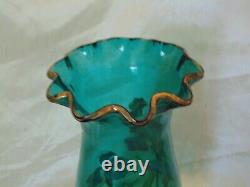 Antique Mont Joye Enamel Iris Floral Turquoise French Cameo Glass Tall Vase 12