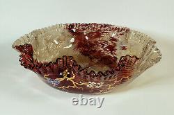 Antique Mont Joye French Art Glass Ruffled Enameled Bowl Vase Dark Red White