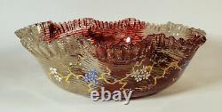 Antique Mont Joye French Art Glass Ruffled Enameled Bowl Vase Dark Red White