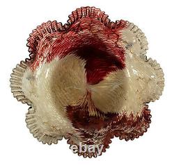 Antique Mont Joye French Art Glass Ruffled Enameled Bowl Vase Dark Red White