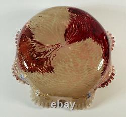 Antique Mont Joye French Art Glass Ruffled Enameled Bowl Vase Dark Red White