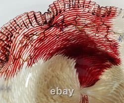 Antique Mont Joye French Art Glass Ruffled Enameled Bowl Vase Dark Red White