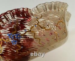 Antique Mont Joye French Art Glass Ruffled Enameled Bowl Vase Dark Red White