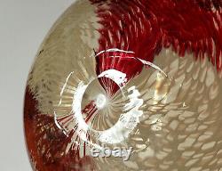 Antique Mont Joye French Art Glass Ruffled Enameled Bowl Vase Dark Red White