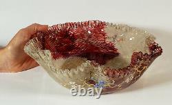 Antique Mont Joye French Art Glass Ruffled Enameled Bowl Vase Dark Red White