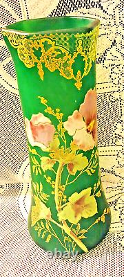 Antique Mont Joye French Art Noveau Enamel Poppies Flower Green Vase