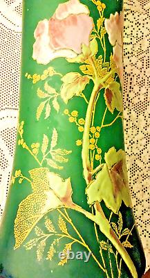 Antique Mont Joye French Art Noveau Enamel Poppies Flower Green Vase