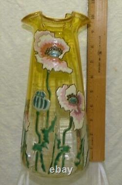 Antique Mont Joye Legras Enameled Poppy Flower 10 Glass Vase Art Nouveau France