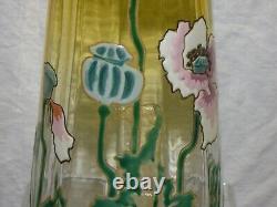 Antique Mont Joye Legras Enameled Poppy Flower 10 Glass Vase Art Nouveau France