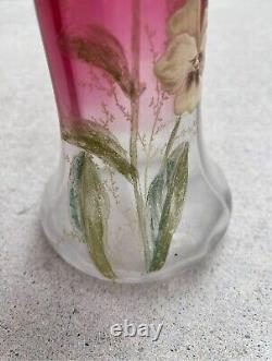 Antique Mont Joye Legras Enameled Poppy Flower 8 Glass Vase Art Nouveau France