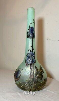 Antique Mont Joye Legras France French Cameo Art Cotton Plant Opaline Glass Vase