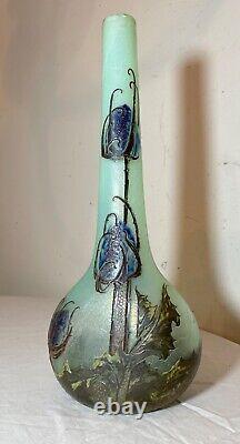 Antique Mont Joye Legras France French Cameo Art Cotton Plant Opaline Glass Vase