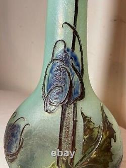 Antique Mont Joye Legras France French Cameo Art Cotton Plant Opaline Glass Vase