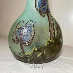 Antique Mont Joye Legras France French Cameo Art Cotton Plant Opaline Glass Vase