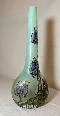 Antique Mont Joye Legras France French Cameo Art Cotton Plant Opaline Glass Vase