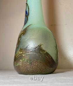 Antique Mont Joye Legras France French Cameo Art Cotton Plant Opaline Glass Vase