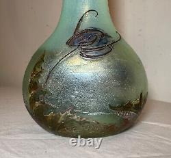 Antique Mont Joye Legras France French Cameo Art Cotton Plant Opaline Glass Vase