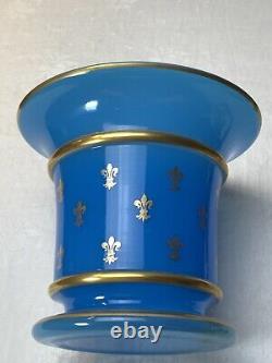 Antique Opaline Glass Vase 19th C French Blue Gold Fleur-de-lis Gilded Cache pot