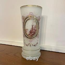 Antique Opaline White Glass Vase Hand Painted Purple Castle Landscape Scene