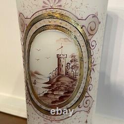 Antique Opaline White Glass Vase Hand Painted Purple Castle Landscape Scene